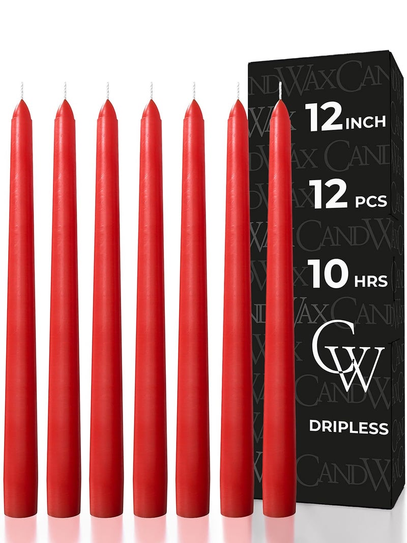 CANDWAX 12 inch Red Taper Candles Set of 12 - Dripless and Long Burning Red Candlesticks - Perfect as Christmas Candlesticks for Dinner or Holiday Home Decor - Christmas Candle Sticks - Image 1